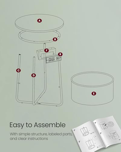 VASAGLE Side Table with Charging Station, Round End Table With Fabric Basket, Nightstand with Power Outlets USB Ports, for Living Room, Bedroom, Modern, Forest Green and Cream White ULET228C04