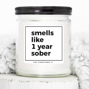 YouNique Designs Smells Like 1 Year Sober Candle - Cool Sobriety Gifts for Men, Women, One Year Sober Gifts for Men, Women, Sobriety Anniversary Candle, 1 Year Sobriety Gifts (Mahogany Teakwood)