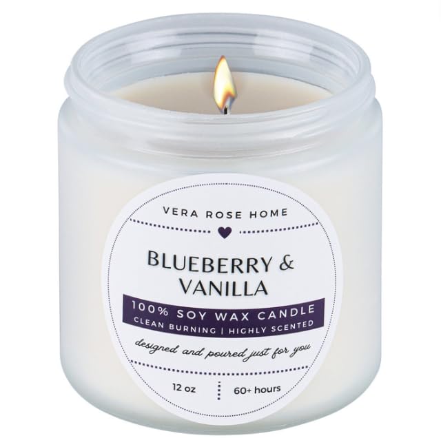 Vera Rose Home Blueberry & Vanilla Scented Soy Candle Long Burning Highly Scented Candles 60+ Hours Clean White Vegan Candle Odor Eliminating Candle Safe for Pets 12oz Jar