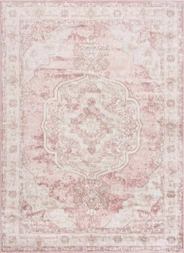 BoutiqueRugs Blush & Light Pink Collection Kandos Bohemian Oriental Medallion Area Rug - Traditional Floral Carpet for Living Room, Bedroom - Blush, Dusty Pink, Cream - 5'3" x 7' (5x7 Area Rug)