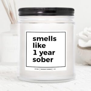 YouNique Designs Smells Like 1 Year Sober Candle - Cool Sobriety Gifts for Men, Women, One Year Sober Gifts for Men, Women, Sobriety Anniversary Candle, 1 Year Sobriety Gifts (Mahogany Teakwood)