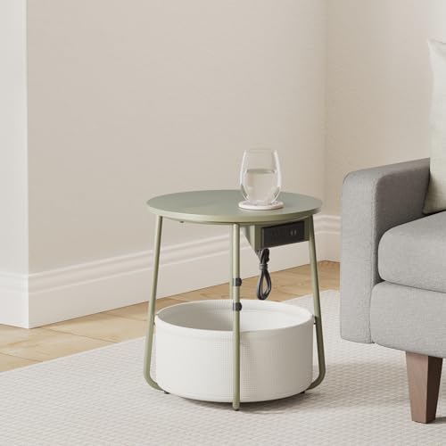 VASAGLE Side Table with Charging Station, Round End Table With Fabric Basket, Nightstand with Power Outlets USB Ports, for Living Room, Bedroom, Modern, Forest Green and Cream White ULET228C04