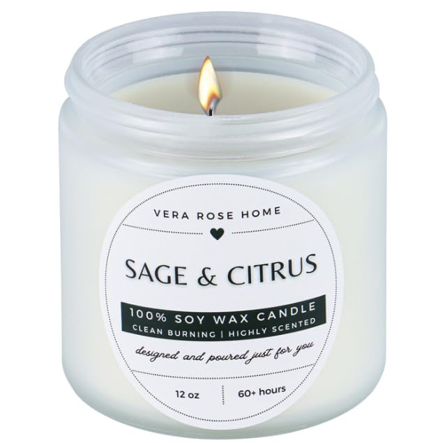 Vera Rose Home Sage & Citrus Scented Soy Candle Long Burning Highly Scented Candles 60+ Hours Clean Burning White Natural, Christmas Gift Odor Eliminating Candle Safe for Pets 12oz Jar Candle