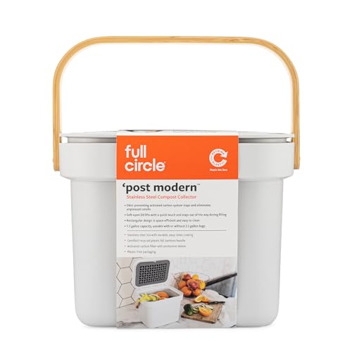 Full Circle Post Modern Stainless Steel 1.5 Gallon Compost Bin - Odor-Free Kitchen Countertop Composter with Charcoal Filter and Non-Scratch Base for Food Waste