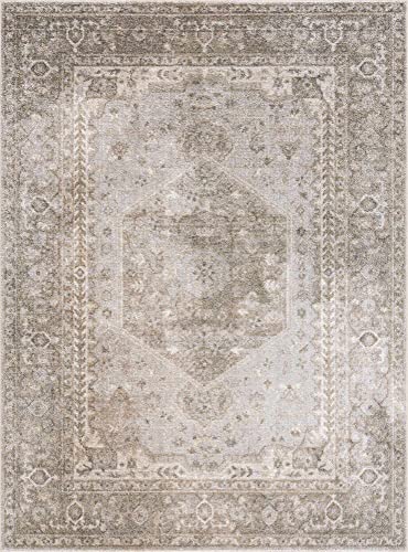 BoutiqueRugs Gael Farmhouse Area Rug - Machine Washable - Olive, Light Blue, Tan - 6'7" x 9'