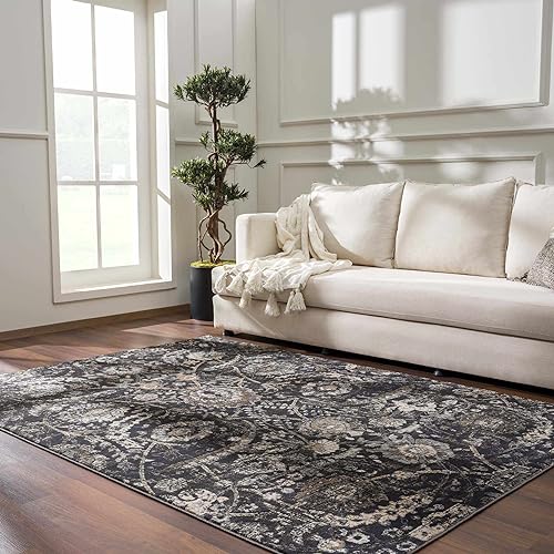 BoutiqueRugs Owatonna Traditional Floral Area Rug - Oriental Damask Patterned Rug for Living Room, Bedroom, Dining Room - Black, Charcoal, Sage - 4'3" x 5'7"