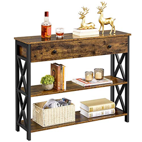 Yaheetech Console Table with Drawer, Sofa Table with Storage Shelves, 39.5 Inch Entryway Table with Metal Frame, for Living Room, Entryway, Hallway, Rustic Brown