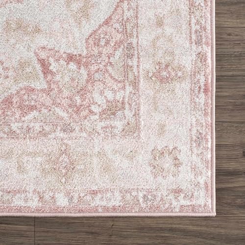 BoutiqueRugs Blush & Light Pink Collection Kandos Bohemian Oriental Medallion Area Rug - Traditional Floral Carpet for Living Room, Bedroom - Blush, Dusty Pink, Cream - 5'3" x 7' (5x7 Area Rug)