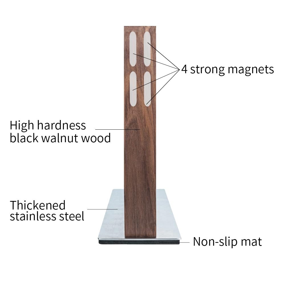 REAL WALNUT Knife Block - Magnetic Rack Featuring Dual Sided Powerful Magnets for Kitchen Knife and Kitchen Knife Set - Non-Slip Padded Base Magnetic Knife Holder