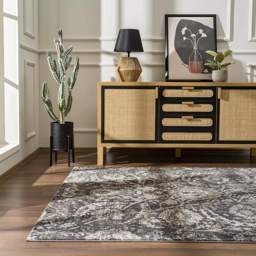 BoutiqueRugs Owatonna Traditional Floral Area Rug - Oriental Damask Patterned Rug for Living Room, Bedroom, Dining Room - Black, Charcoal, Sage - 4'3" x 5'7"