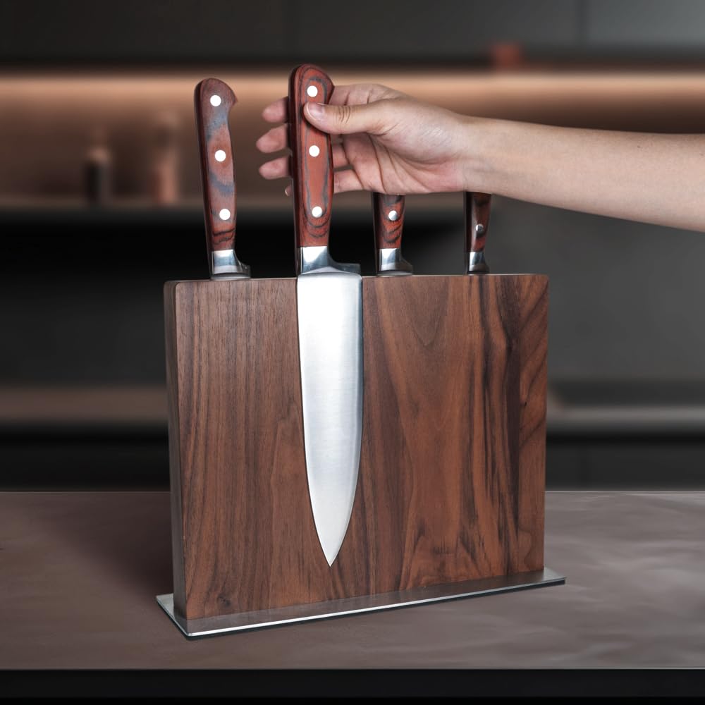 REAL WALNUT Knife Block - Magnetic Rack Featuring Dual Sided Powerful Magnets for Kitchen Knife and Kitchen Knife Set - Non-Slip Padded Base Magnetic Knife Holder