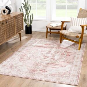 BoutiqueRugs Blush & Light Pink Collection Kandos Bohemian Oriental Medallion Area Rug - Traditional Floral Carpet for Living Room, Bedroom - Blush, Dusty Pink, Cream - 5'3" x 7' (5x7 Area Rug)