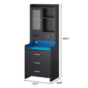 ADORNEVE Tall Night Stand with Charging Station and LED Lights,49.2" Nightstand with Bookshelf, Black Bedside Table with Drawers,End Side Table for Bedrooms