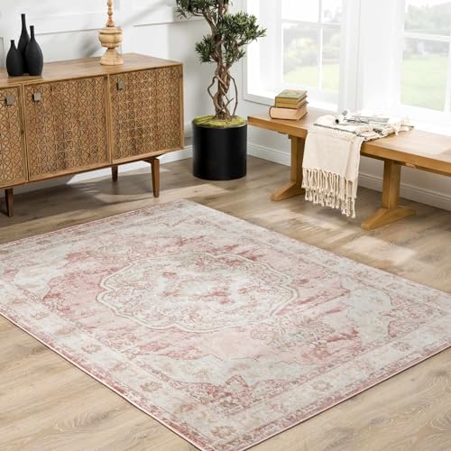 BoutiqueRugs Blush & Light Pink Collection Kandos Bohemian Oriental Medallion Area Rug - Traditional Floral Carpet for Living Room, Bedroom - Blush, Dusty Pink, Cream - 5'3" x 7' (5x7 Area Rug)