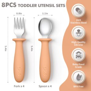 DRKIO 8 Pieces Toddler Utensils Set - Kids Silverware Set with Silicone Handle Children Safe 18/8 Stainless Steel Forks and Spoons Anti-Choke Design Food Grade Dishwasher Safe