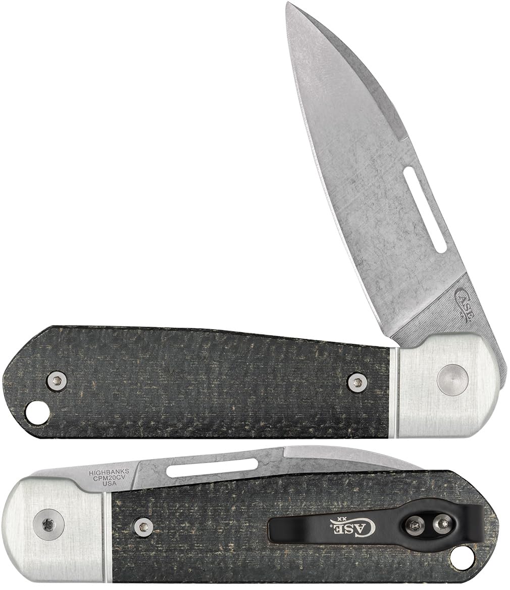 Case XX WR Pocket Knife, HIGHBANKS - SMOOTH BLACK BURLAP MICARTA ItemNumber 42230 - (HIGHBANKS CPM20CV) Length Closed: 4 Inches