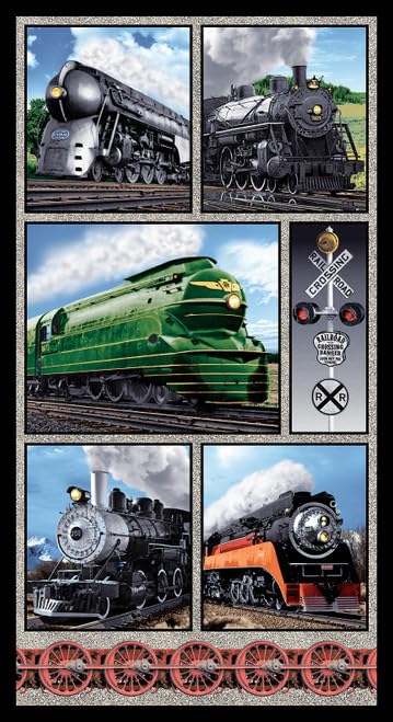 Blank Quilting 24"" X 44"" Panel Trains Railroad Locomotives Transportation On The Right Track Cotton Fabric Panel (B-3083P-70)