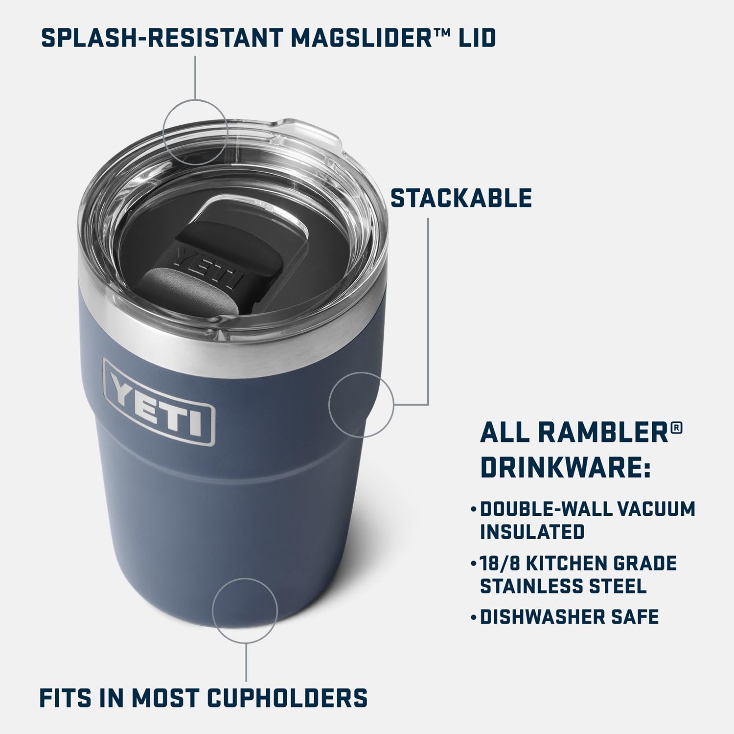 YETI Rambler 16 oz Stackable Tumbler, Vacuum Insulated, Stainless Steel with MagSlider Lid, Navy