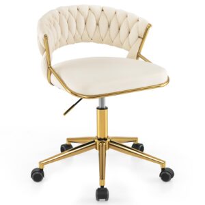 costway velvet office desk chair, upholstered makeup vanity chair w/woven back & gold base, height adjustable swivel computer task chair, home office chair w/wheels for bedroom study (beige)