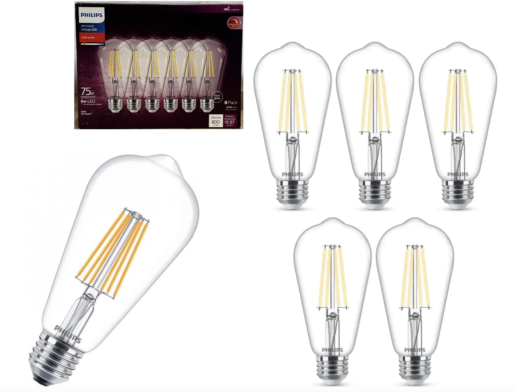 PHILIPS LED Vintage Flicker-Free Clear ST19 Bulb - Soft White 2700K - 8W=75W - 800 Lumen - E26 Base - Dimmable - Eye Comfort Technology- 6 Pack, 9290022960