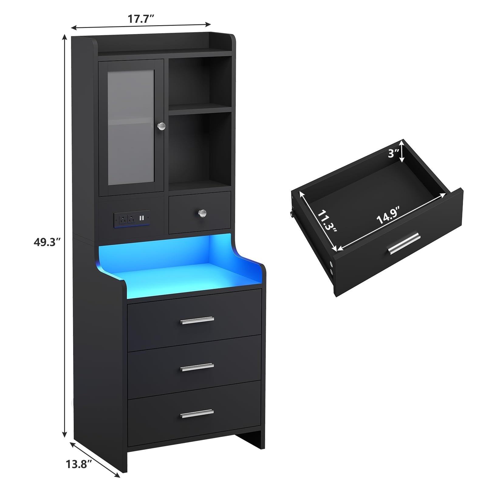 BTHFST Black Nightstand Set of 2, LED Night Stand Set 2 with Charging Station, Tall Bedside Table with Drawers & Shelves, End Side Table with Lights & Storage