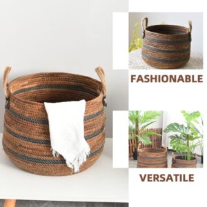 Cabilock Woven Storage Basket Straw Planter Basket Toy Blanket Organizer Bin Laundry Hamper With Handles Wicker Basket Sundries Case Container for Home Decor