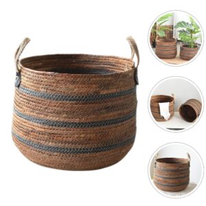 Cabilock Woven Storage Basket Straw Planter Basket Toy Blanket Organizer Bin Laundry Hamper With Handles Wicker Basket Sundries Case Container for Home Decor