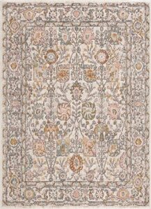 boutiquerugs herstmonceux boho vintage colorful area rug - farmhouse traditional floral pink carpet for living room, bedroom, dining room - cream, green, sage, red, gray, taupe, pink - 5'2" x 7'