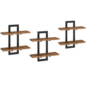 HOOBRO Floating Shelves, 15 Inch Wall Shelf Set of 3, Wall Mounted Storage Shelves 2-Tier, Hanging Bathroom Shelves, for Living Room, Bedroom, Bathroom, Kitchen, Rustic Brown and Black BF32BJP301