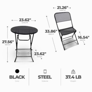 Four Seasons Courtyard Padova 3 Piece Bistro Outdoor Backyard Dining Set with 2 Folding Chairs and Round Table Furniture for Patios or Decks, Black