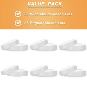 LOYORTY 72Pcs White Plastic Mason Jar Lids, 36 Regular Mouth & 36 Wide Mouth Plastic Canning Lids, 86mm &70mm Reusable Plastic Storage Caps for Mason/Canning Jars