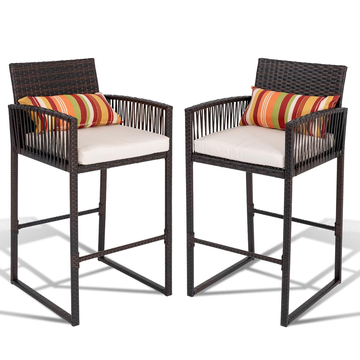 Sundale Outdoor Wicker Bar Stools, Patio Counter Height Brown Rattan Rope Stools with Back Rest, High Chair with Pillow & Beige Cushion, All-Weather Armless Tall Pub Barstool