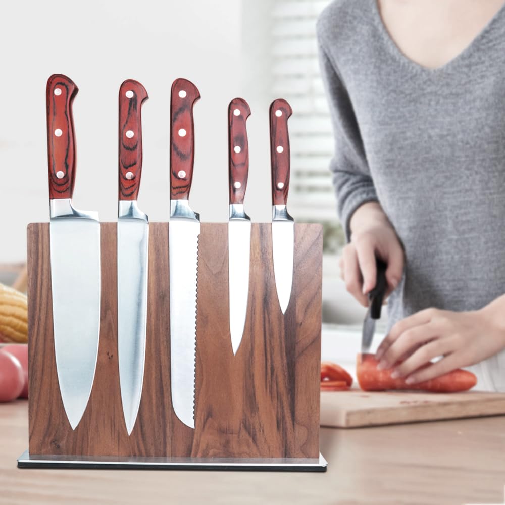 REAL WALNUT Knife Block - Magnetic Rack Featuring Dual Sided Powerful Magnets for Kitchen Knife and Kitchen Knife Set - Non-Slip Padded Base Magnetic Knife Holder