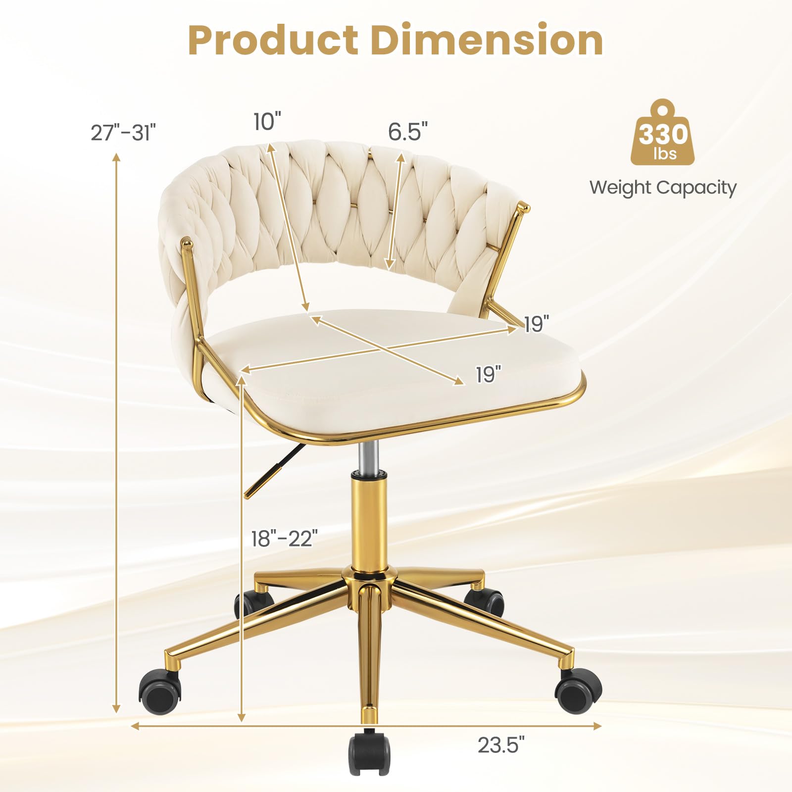 COSTWAY Velvet Office Desk Chair, Upholstered Makeup Vanity Chair w/Woven Back & Gold Base, Height Adjustable Swivel Computer Task Chair, Home Office Chair w/Wheels for Bedroom Study (Beige)