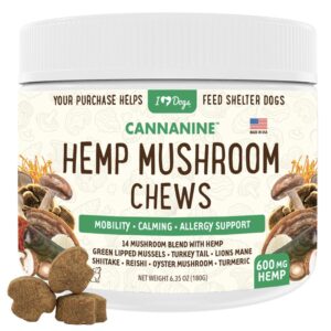 iheartdogs hemp mushroom chews for dogs - mobility, calming, allergy & immune support - 14 mushroom blend with turkey tail, lion’s mane, shiitake & green lipped mussels - 60 count / 600mg hemp