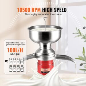 VEVOR Milk Cream Centrifugal Separator, 304 Stainless Steel Electric Cream Separators, 100L/H Output 10500RPM Goat Milk Separator, 30W Cow Cream Separator, Milk Skimmer with 5L Bowl Capacity, 100-240V