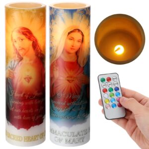 landhoow 2 pcs religious flameless led prayer candle real wax baptism candle set immaculate heart of mary and sacred heart of jesus battery operated candles with remote control