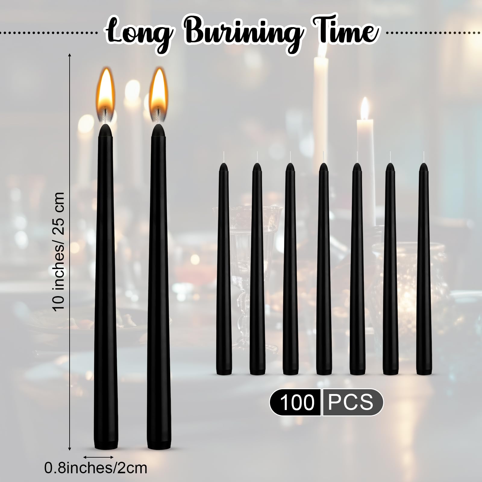 Nuanchu 100 Pcs Black Taper Candles 10 Inch (H) Dripless Tapered Candles Smokeless Long Candles Tall Unscented Dinner Candle for Household Wedding Party Home Decor Candlesticks, Long Burning