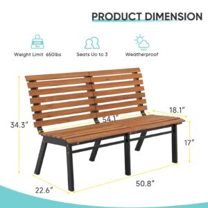 Verano Garden 54 Inches Outdoor Acacia Wood Bench, Oil Finished Armless Garden Bench with Slatted Seat & Steel Frame for Garden, Park, Porch, Yard, Deck (54.1" L×22.6" W×34.3" H)