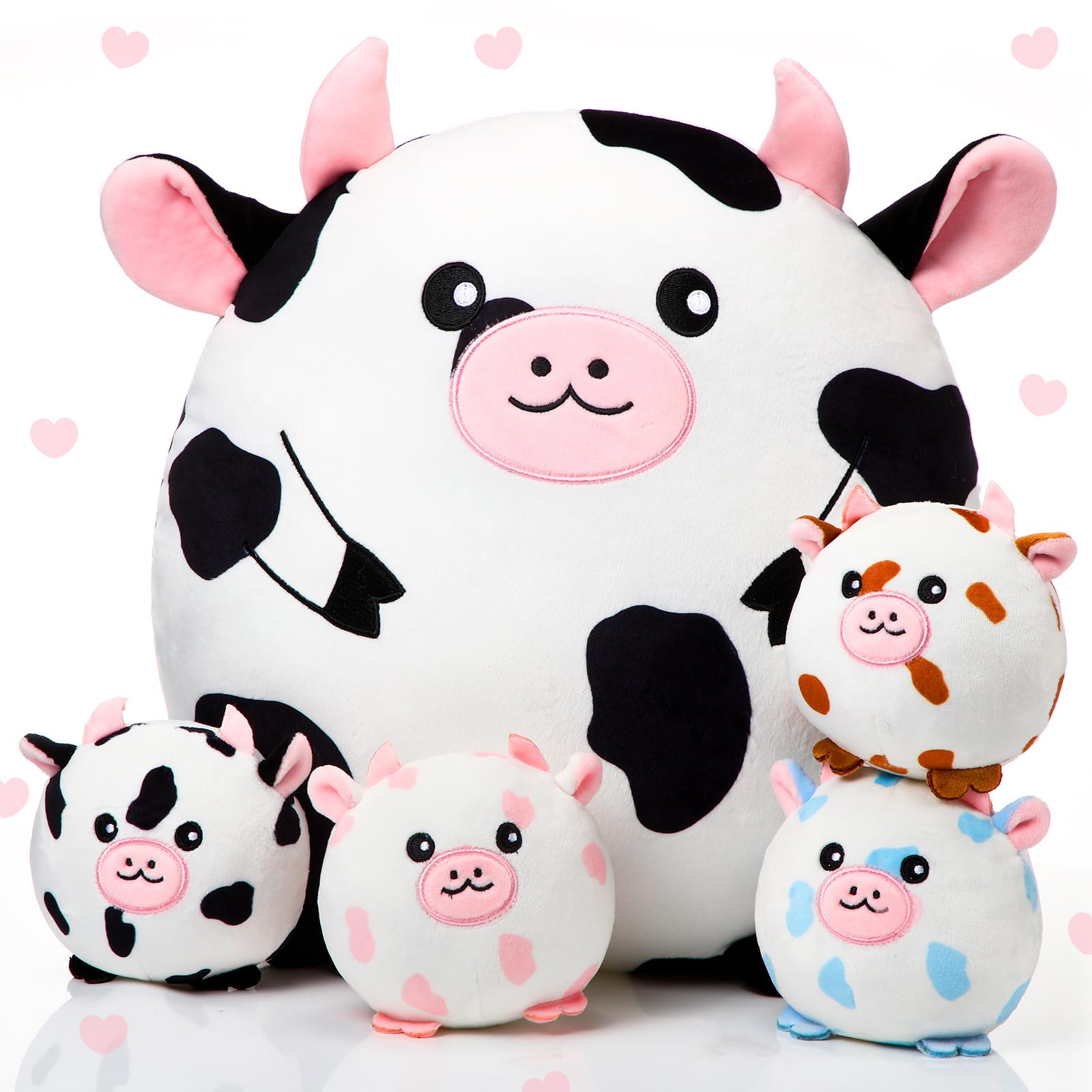 HyDren Cow Plush Pillow Set Mommy Cow Stuffed Animal with 4 Cute Small Spotted Babies Cow Stuffed Animal Plushies Toy Gifts for Boys Toddlers Kids Birthday Party Decor