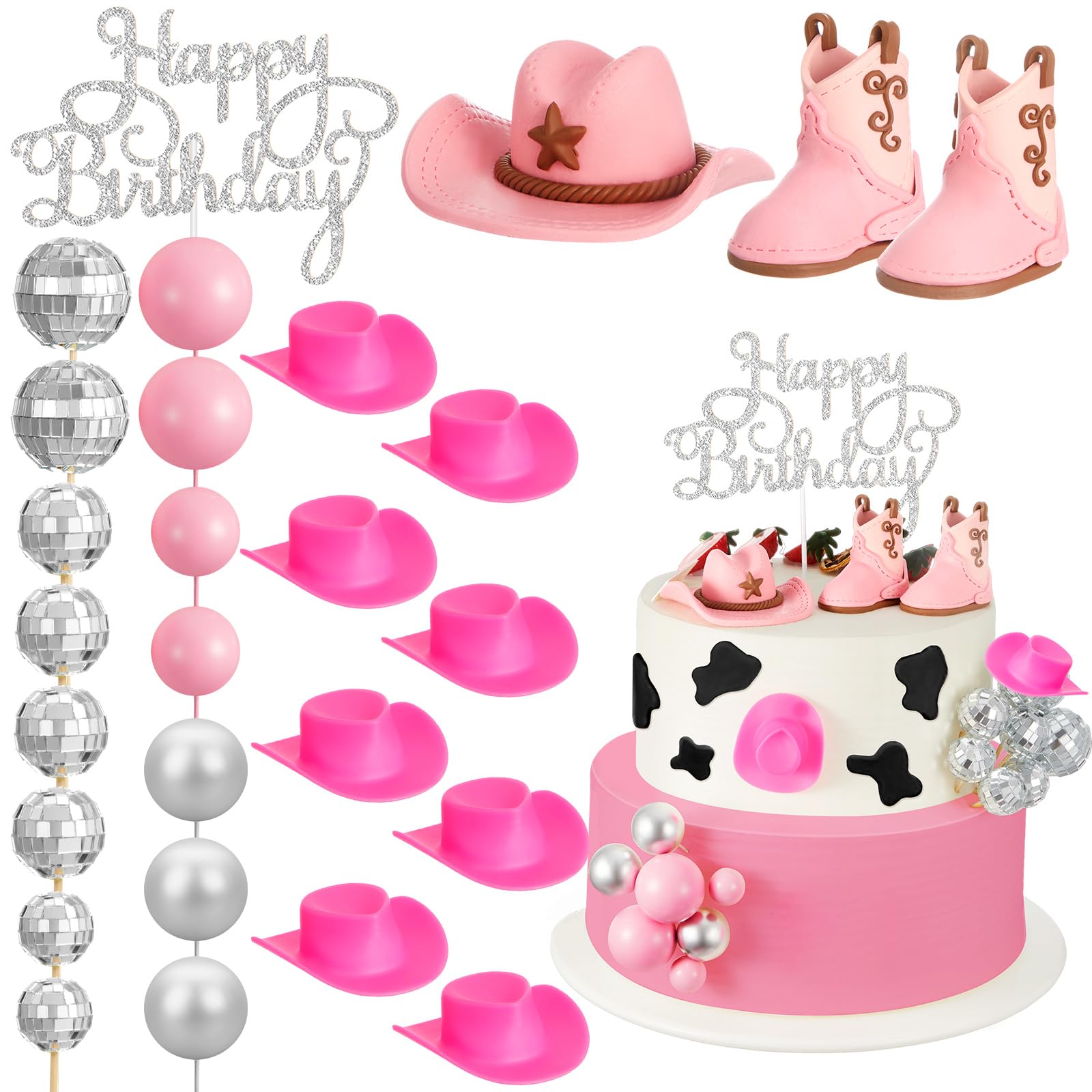 RoundFunny 26 Pcs Cowgirl Cake Decorations Cowgirl Cake Topper Disco Decorations Hat Cake Topper Western Cowgirl Birthday Baby Shower for Western Theme Party Supplies (Cute, Pink)