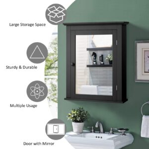 HOMGX Bathroom Mirror Cabinet, Wall Mounted Cabinet with Mirror Door, Adjustable Shef, Round Knob, Space Saving Wood Medicine Cabinet for Kitchen (Black)