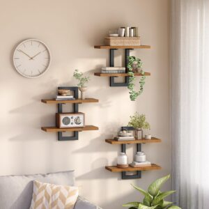 hoobro floating shelves, 15 inch wall shelf set of 3, wall mounted storage shelves 2-tier, hanging bathroom shelves, for living room, bedroom, bathroom, kitchen, rustic brown and black bf32bjp301