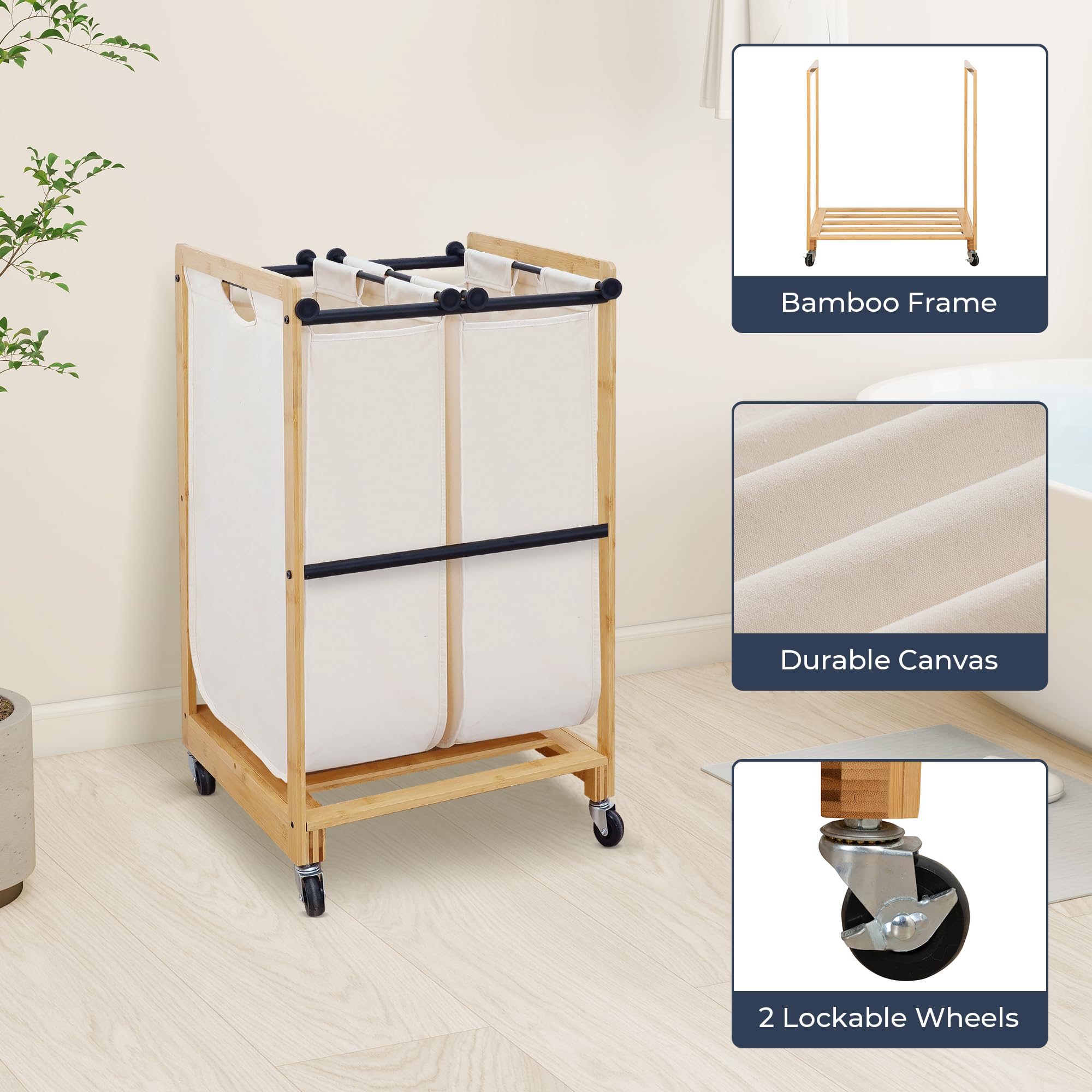 STO STO Laundry Sorter 2 Section with Bamboo Frame, 2 Bag Laundry Hamper, Rolling Laundry Cart Basket with Lockable Wheels and Removable Bag for Clothes Storage in Laundry Room and Bedroom, Beige