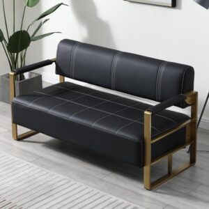 57.9" faux leather loveseat sofa, mid century modern sofas small couch with gold armrests & legs, upholstered 2-seater love seat couches for living room, apartment, office, shop, anteroom (black)