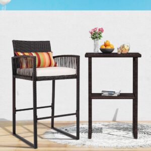 Sundale Outdoor Wicker Bar Stools, Patio Counter Height Brown Rattan Rope Stools with Back Rest, High Chair with Pillow & Beige Cushion, All-Weather Armless Tall Pub Barstool