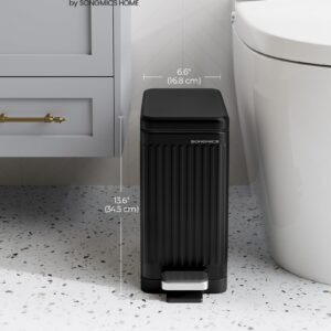 SONGMICS Bathroom Trash Can, 2.6-Gallon (10 L) Trash Bin with Lid, Slim for Small Spaces, Stainless Steel Garbage Can, Soft Close, Black ULTB562B01