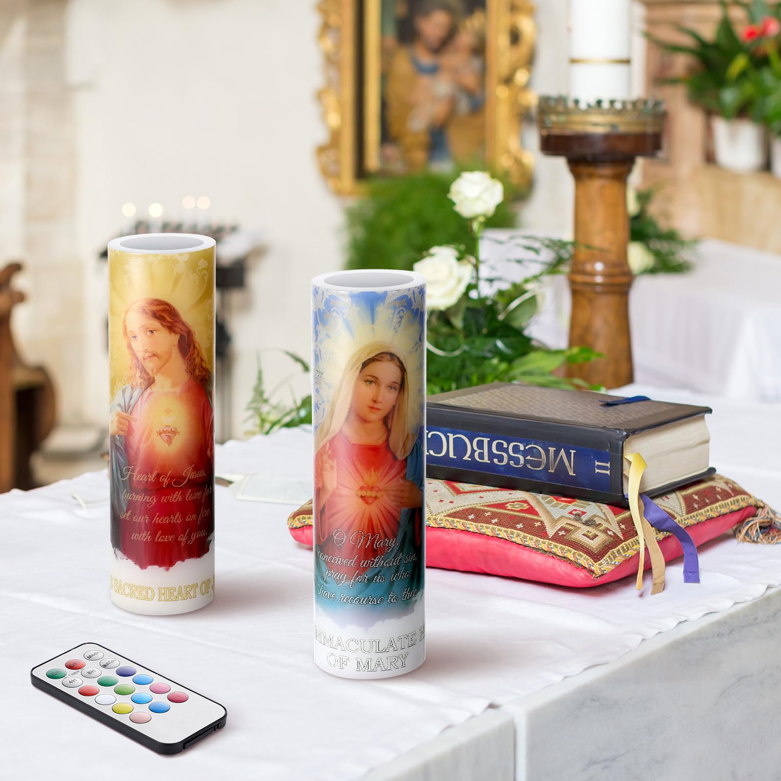 Landhoow 2 Pcs Religious Flameless LED Prayer Candle Real Wax Baptism Candle Set Immaculate Heart of Mary and Sacred Heart of Jesus Battery Operated Candles with Remote Control