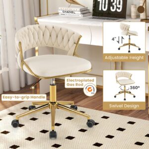 COSTWAY Velvet Office Desk Chair, Upholstered Makeup Vanity Chair w/Woven Back & Gold Base, Height Adjustable Swivel Computer Task Chair, Home Office Chair w/Wheels for Bedroom Study (Beige)