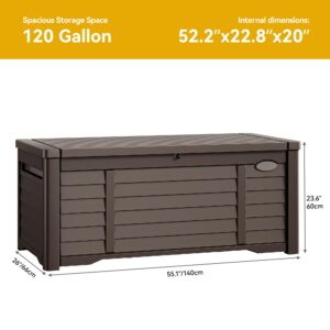 DWVO Large Deck Box 120 Gallon Waterproof Outdoor Storage Box, Extra Large Outdoor Storage Bin, Resin Louvered Patio Storage for Outdoor Pillows, Garden Tools & Pool Supplies, Lockable, Dark Brown